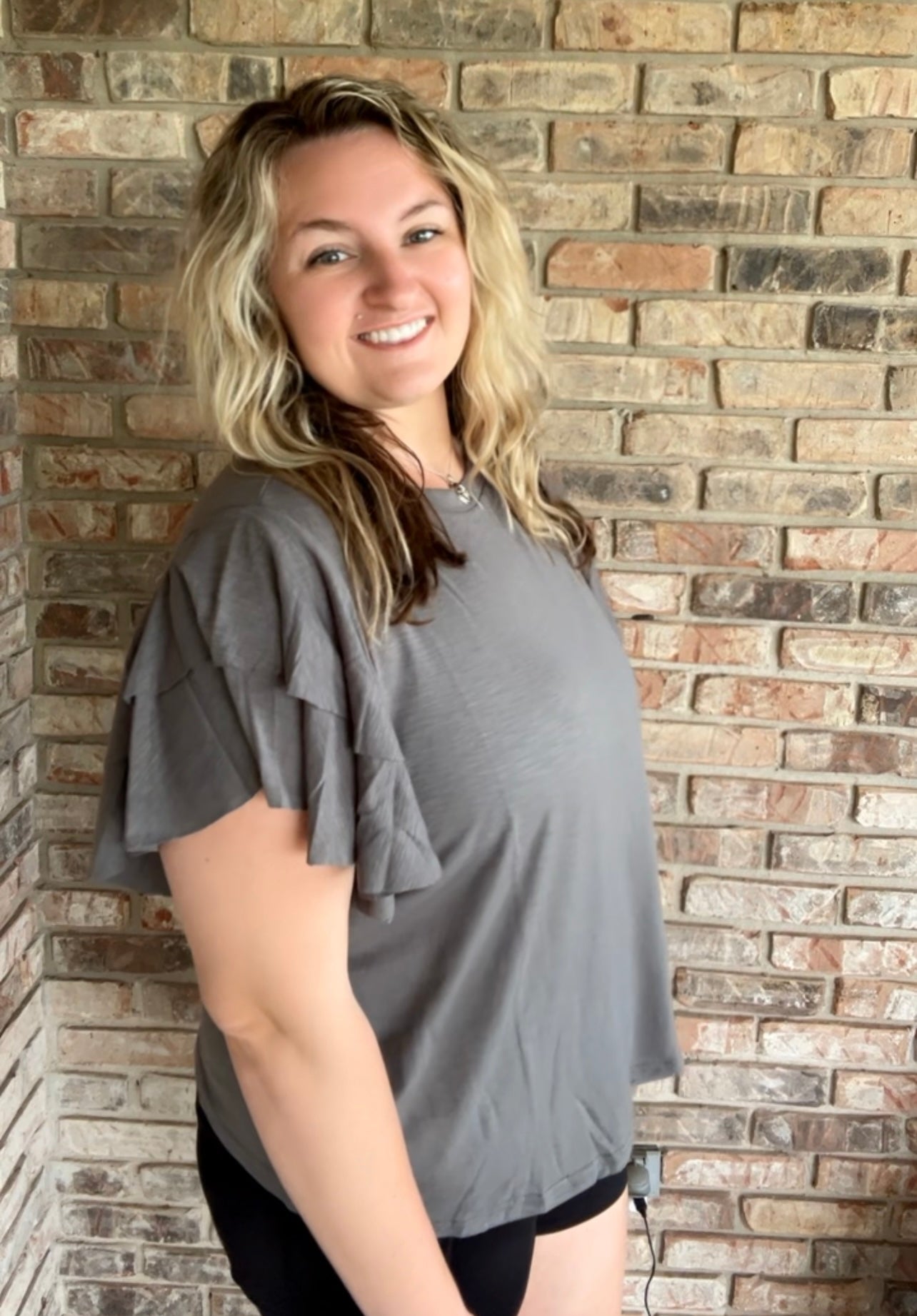 Dark Grey Double Ruffled Short Sleeve Top