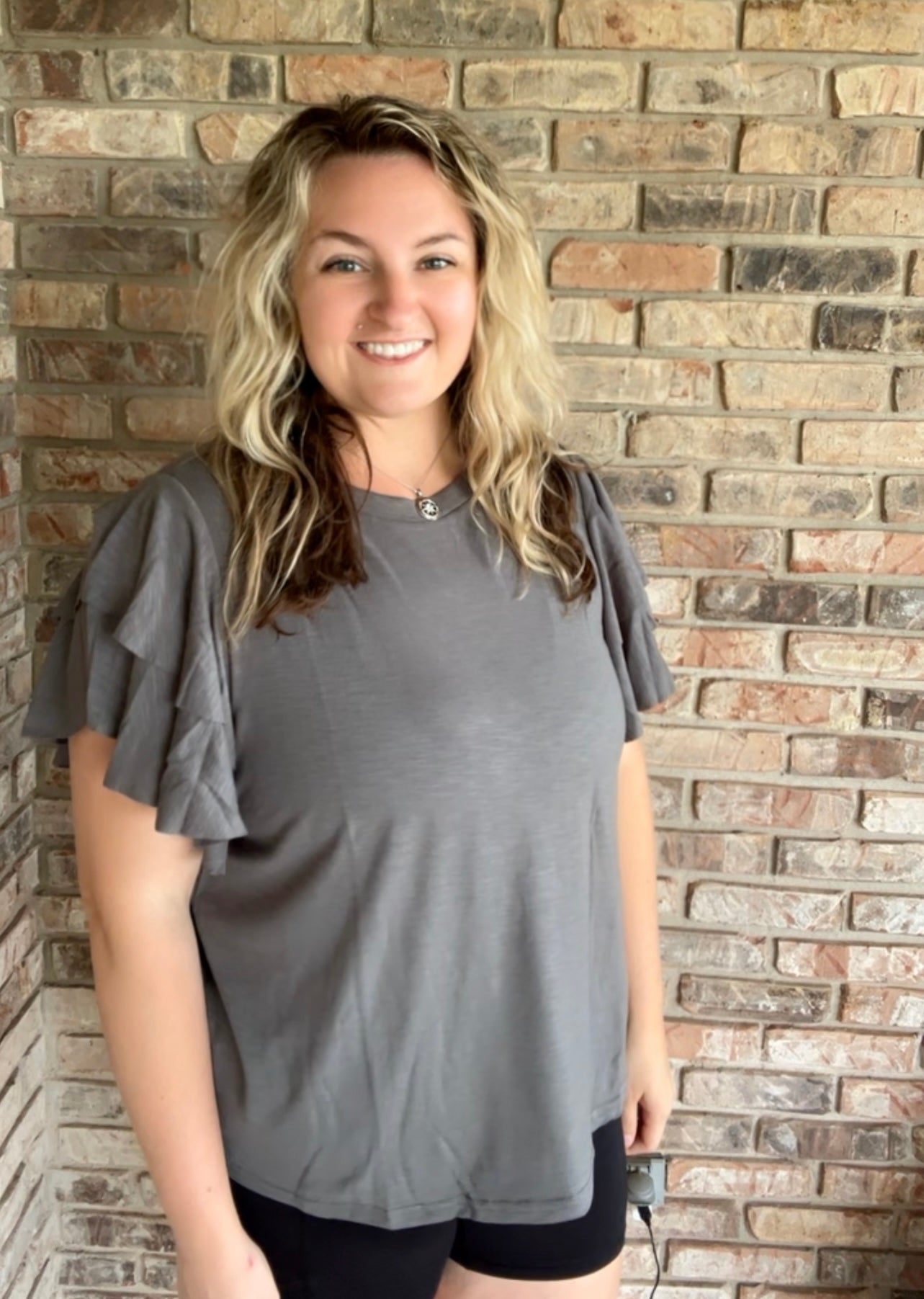 Dark Grey Double Ruffled Short Sleeve Top