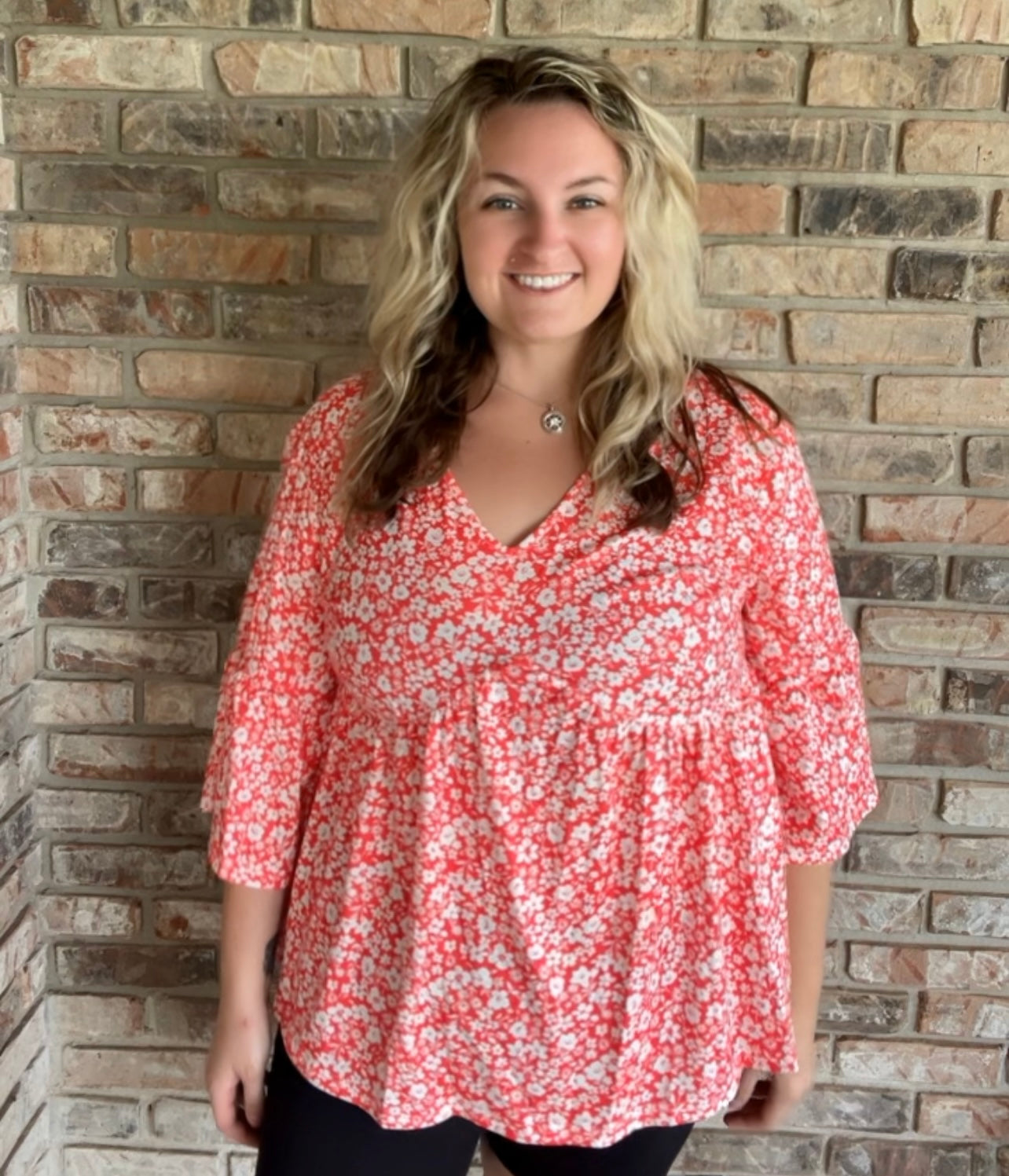 Plus Red Floral Flared Sleeve Blouse