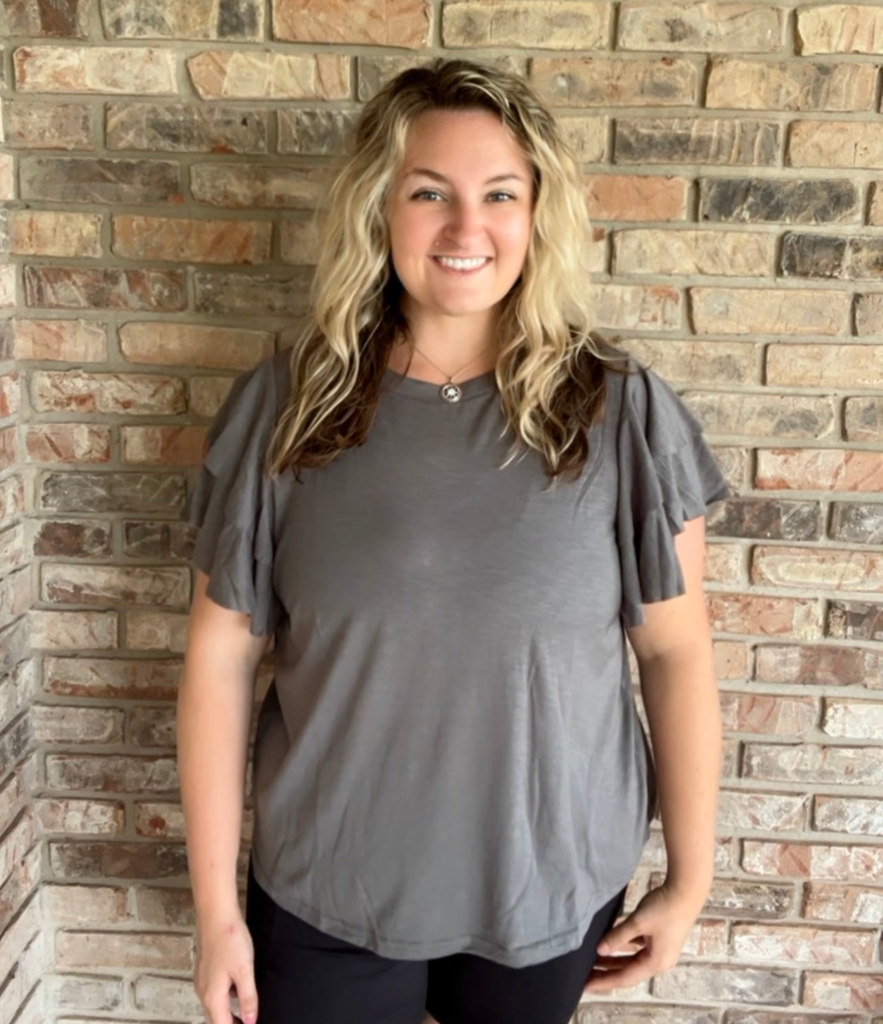 Dark Grey Double Ruffled Short Sleeve Top