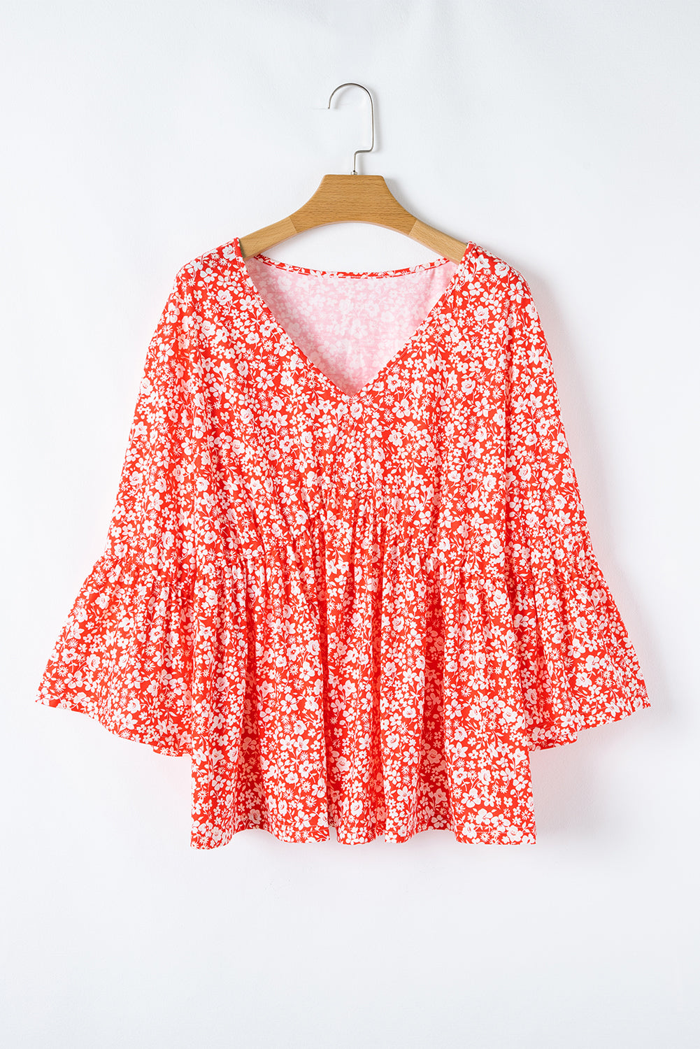 Plus Red Floral Flared Sleeve Blouse