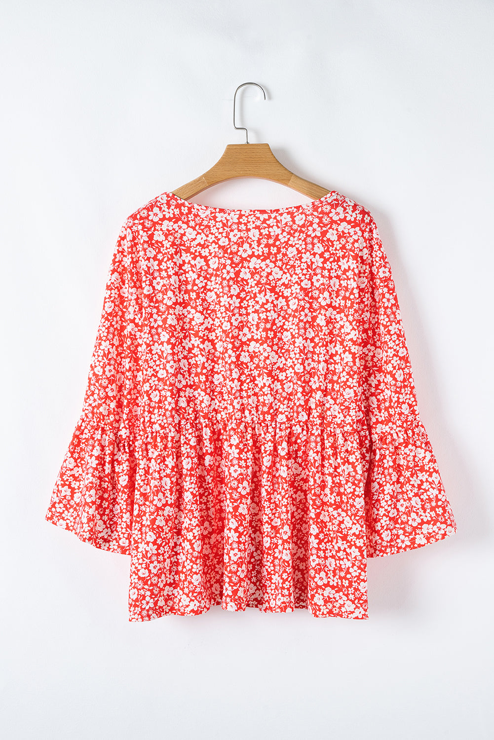 Plus Red Floral Flared Sleeve Blouse