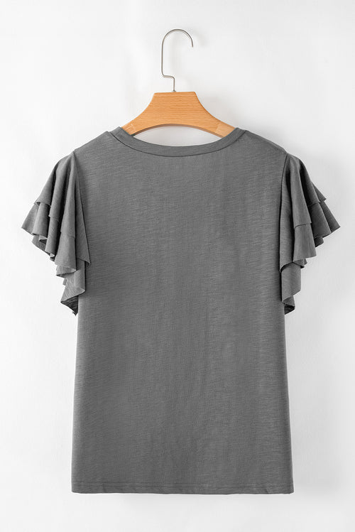 Dark Grey Double Ruffled Short Sleeve Top